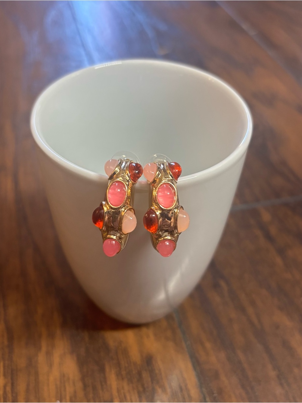 Gold Beaded Hoop Earrings with Pink and Red Gemstones